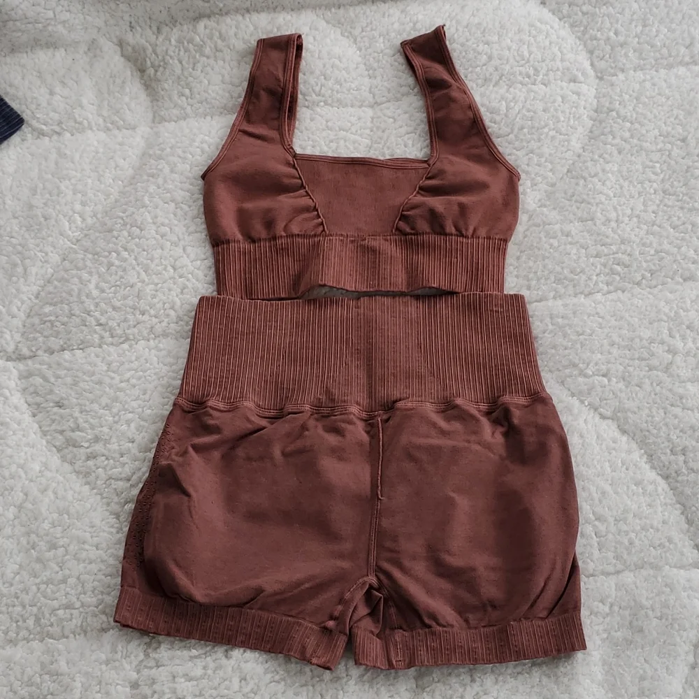 M/L Free People Good Karma Running Shorts and Square Neck Bra Set Violet Umber - Picture 3 of 14